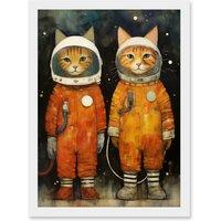 Artery8 Wall Art Print Cosmic Cats in Outer Space Moon Walk Fun Kids Bedroom Artwork Framed A4 in White