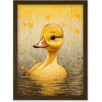 Artery8 Wall Art Print Yellow Duckling Kids Bedroom Baby Nursery Calm Elegant Artwork Framed A4 in Brown