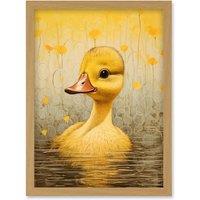 Artery8 Wall Art Print Yellow Duckling Kids Bedroom Baby Nursery Calm Elegant Artwork Framed A4 in Light Oak