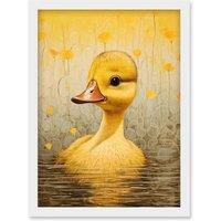 Artery8 Wall Art Print Yellow Duckling Kids Bedroom Baby Nursery Calm Elegant Artwork Framed A4 in White