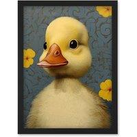 Artery8 Wall Art Print Duckling with Flowers Oil Painting Kids Bedroom Baby Nursery Duck Artwork Framed A4 in Black