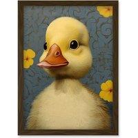 Artery8 Wall Art Print Duckling with Flowers Oil Painting Kids Bedroom Baby Nursery Duck Artwork Framed A4 in Brown