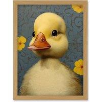 Artery8 Wall Art Print Duckling with Flowers Oil Painting Kids Bedroom Baby Nursery Duck Artwork Framed A4 in Light Oak