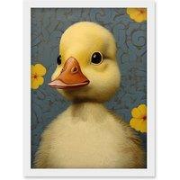 Artery8 Wall Art Print Duckling with Flowers Oil Painting Kids Bedroom Baby Nursery Duck Artwork Framed A4 in White