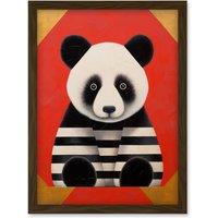Artery8 Wall Art Print Panda with Stripes Fun Kids Bedroom Baby Nursery Bright Bold Artwork Red Black White Artwork Framed A4 in Brown