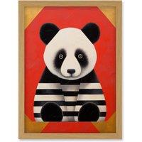 Artery8 Wall Art Print Panda with Stripes Fun Kids Bedroom Baby Nursery Bright Bold Artwork Red Black White Artwork Framed A4 in Light Oak