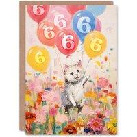 Artery8 6th Birthday Greeting Card Flowers Kitty Cat Balloons Kids Age 6 Year Old Child in Pink