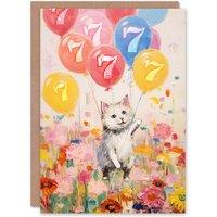 Artery8 7th Birthday Greeting Card Flowers Kitty Cat Balloons Kids Age 7 Year Old Child in Pink