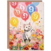 Artery8 9th Birthday Greeting Card Flowers Kitty Cat Balloons Kids Age 9 Year Old Child in Pink