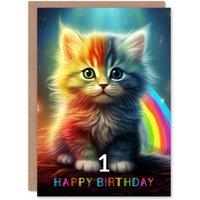 Artery8 1st Birthday Greeting Card Kids Cute Rainbow Kitten Age 1 Year Old Child in Blue