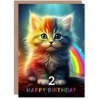 Artery8 2nd Birthday Greeting Card Kids Cute Rainbow Kitten Age 2 Year Old Child in Blue