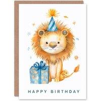 Artery8 Birthday Card Cute Baby Lion Party Hat For Son Daughter Girl Boy Kids Happy Card in Light Brown