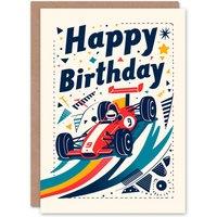 Artery8 Birthday Card Cute Race Car Rainbow Track Design For Child Kids Greeting Card in Beige