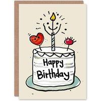 Artery8 Birthday Card Simple Smile Cake Childrens Drawing Fun Cute For Child Kids Greeting Card in Beige