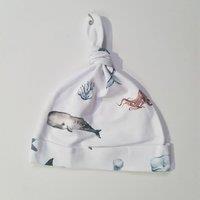 Minky Myles Newborn Baby Beanie Hat With Sea Life Creatures Animals in White | Size: 0-6 m