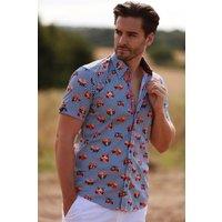 CLAUDIO LUGLI Men's Tropical Visions Stripe Short Sleeve Shirt in Navy | Size: Large