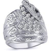 Jewelco London Men's Rhodium Plated Silver Round CZ Horse Rope Saddle Ring 24mm | Size: T