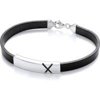 Jewelco London Men's Mens Black Leather Steel ID Plate X Marked Strap Bracelet 8mm 8" in White