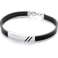 Jewelco London Men's Mens Black Leather Steel ID Plate Double Groove Bracelet 8mm 8" in White