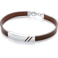 Jewelco London Men's Mens Brown Leather Steel ID Plate Double Groove Bracelet 8mm 8" in White