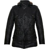 Infinity Leather Men's Hooded Trench Multi-Pocket Overcoat Leather Jacket in Black | Size: Large