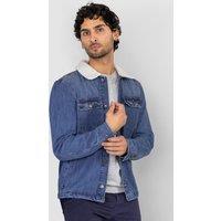 Enorsia Men's Borg Collar Premium Denim Jacket in Blue | Size: Medium