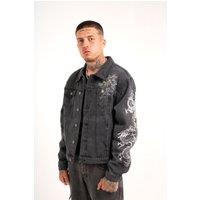 Liquor n Poker Men's A World Dynasty Oversized Denim Jacket in Washed Black | Size: Small