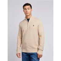 U.S. POLO ASSN. Men's Checkerboard Funnel Neck 1/4 Zip Knit in Fawn | Size: Medium