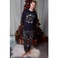 Threadbare Men's Christmas Print Long Pyjamas in Black | Size: Large