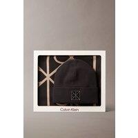 Calvin Klein Men's Emblem Beanie + Aop Scarf Black