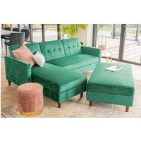 Furniture Maxi Destin Reversible Velvet Corner Sofa With Storage Chaise & Ottoman Bench in Green