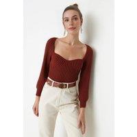 WOVCOR Women's Crop Knit Sweater With Sweetheart Neckline in Dark Red | Size: Small