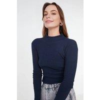 WOVCOR Women's Fitted Stand Collar Long Sleeve Ribbed Knit Blouse in Navy | Size: Small
