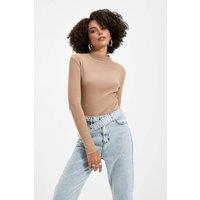 WOVCOR Women's Fitted Stand Collar Long Sleeve Ribbed Knit Blouse in Taupe | Size: Small