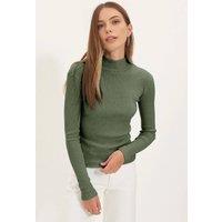 WOVCOR Women's Fitted Stand Collar Long Sleeve Ribbed Knit Blouse in Khaki | Size: XS