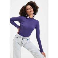 WOVCOR Women's Fitted Stand Collar Long Sleeve Ribbed Knit Blouse in Purple | Size: Medium