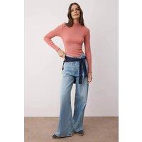 WOVCOR Women's Fitted Stand Collar Long Sleeve Ribbed Knit Blouse in Rose | Size: Small