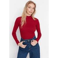 WOVCOR Women's Fitted Stand Collar Long Sleeve Ribbed Knit Blouse in Burgundy | Size: Large