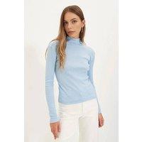 WOVCOR Women's Fitted Stand Collar Long Sleeve Ribbed Knit Blouse in Blue | Size: Small