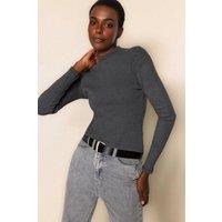 WOVCOR Women's Fitted Stand Collar Long Sleeve Ribbed Knit Blouse in Dark Grey | Size: Small