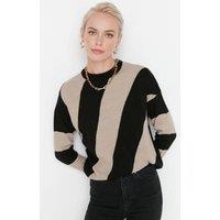 WOVCOR Women's Colour Block Rib-Knit Crew Neck Sweater in Camel | Size: XS