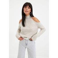 WOVCOR Women's Glittery Knit Sweater with Cut-Out Detail in Stone | Size: Medium