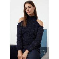 WOVCOR Women's Glittery Knit Sweater with Cut-Out Detail in Navy | Size: Small