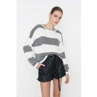 WOVCOR Women's Wide Cut Striped Knit Sweater in White | Size: Large