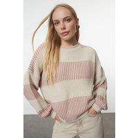 WOVCOR Women's Wide Cut Striped Knit Sweater in Stone | Size: Small