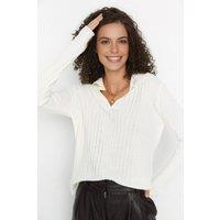 WOVCOR Women's Polo Neck Knit Sweater with Finger Detail in White | Size: Small