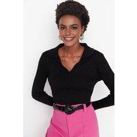 WOVCOR Women's Polo Neck Knit Sweater with Finger Detail in Black | Size: Medium