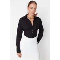 WOVCOR Women's Crop Woven Poplin Shirt With Corset Back Detail in Black | Size: 10