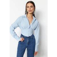 WOVCOR Women's Crop Woven Poplin Shirt With Corset Back Detail in Blue | Size: 6