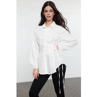 WOVCOR Women's Woven Shirt With Waist Tie Detail in White | Size: 14